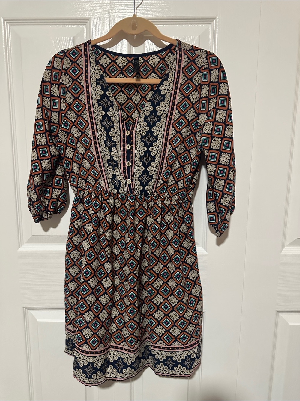Printed Navy and Rust Elastic-Waist Mini Dress